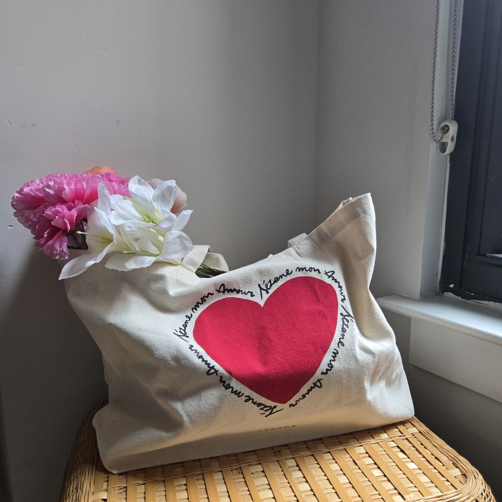 Sézane Cream Canvas Tote with Bright Pink Heart